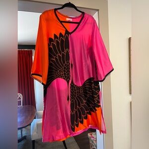 Vibrant Pink and Orange Kimono with Black Pattern